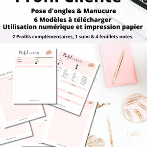 Può includere: Una raccolta di modelli di profili cliente rosa e bianchi per tecnici delle unghie e manicure. I modelli includono moduli per informazioni sui clienti, registri dei servizi e note. Sono visibili anche un laptop, una penna e articoli di cancelleria.