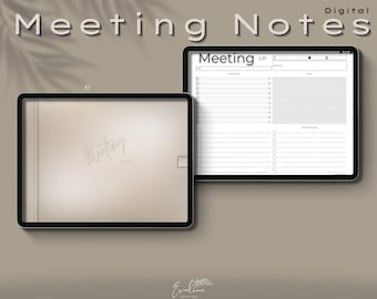 Puede incluir: Plantilla digital de notas de reunión en la pantalla de una tableta. La plantilla tiene secciones para los detalles de la reunión, los puntos de la agenda, las notas y los puntos de acción. La plantilla está diseñada en un estilo minimalista con un fondo blanco y texto negro.