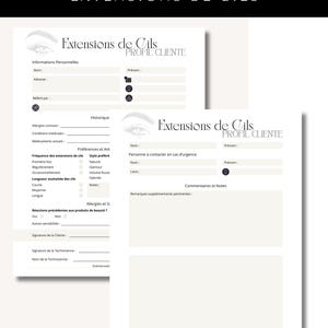 Peut inclure: Deux formulaires de profil client crème pour extensions de cils, avec le titre "Extensions de Cils" en noir. Les formulaires comprennent des sections pour les informations personnelles, les antécédents médicaux et les préférences. Destinés aux professionnels de la beauté.