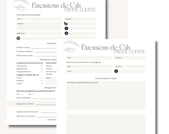 May include: Two cream-colored client profile forms for eyelash extensions, with the title "Extensions de Cils" in black. The forms include sections for personal information, medical history, and preferences. The forms are designed for beauty professionals.