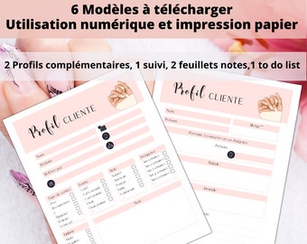 Puede incluir: Dos formularios de perfil de cliente imprimibles de color rosa para salones de manicura. Los formularios incluyen secciones para el nombre del cliente, el número de teléfono, la fuente de referencia, el tipo de servicio, la frecuencia, el estilo, las notas y la información de contacto de emergencia. Los formularios presentan un fondo rosa con texto negro e iconos.