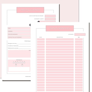 May include: A pink printable client profile template with sections for client information, service history, and preferences. The template includes fields for name, address, date of birth, contact information, allergies, medical conditions, medications, and service dates, descriptions, and costs.