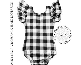 Wholesale Buffalo Plaid Leotard, Flutter Sleeve Crossback, 100% Polyester