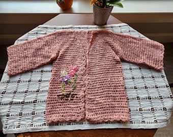 Crochet Cardigan for Girls, Best for 3-5 years old, Embroidered, Kids'Crochet Cardigan, Pink Cardigan, Toddler Girls Cardigan