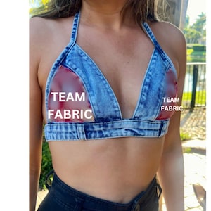 Custom Team/ College Denim Bikini Top. Custom Apparel with team/school fabric jean halter top.