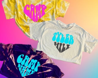 Girls Custom Camp or School Spirit T-shirt in a Heart - Sleepaway Camp Shirt - Custom Overnight Camp Crop tee. - Sleepover Camp Swag