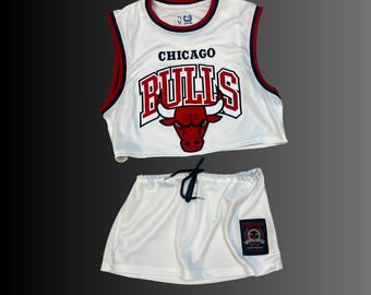 CHICAGO BULLS Top and Skirt. Reworked basketball jersey into 2 piece shirt and skirt dress set.