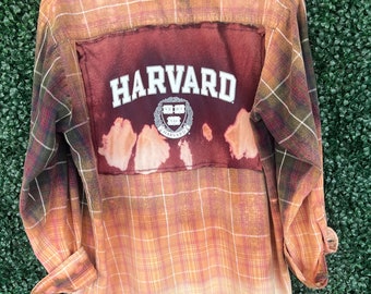 HARVARD UNIVERSITY upcycled hand bleached flannel with t-shirt patch on back.