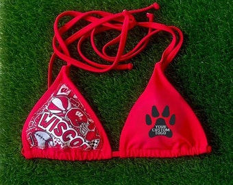 Custom College/Team Bikini Top with licensed fabric logo. Custom Half fabric -Half logo bikini top. Tailgate Bikini Top.