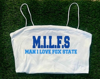 Custom MILFS Tailgate Top. "Man I Love"...  Custom text. Game day crop/cami top or bralette.