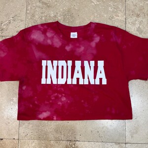 Pu&ograve; includere: Maglietta rossa con la scritta bianca "INDIANA". La maglietta ha un effetto tie-dye con macchie bianche. &Egrave; una maglietta a maniche corte e girocollo.
