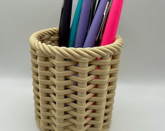 Geweven potloodhouder | Geweven beker | Kantooraccessoire | Bureau-organizer | Rieten mand | Houtkleur | Ideaal als cadeau | 3D-geprint