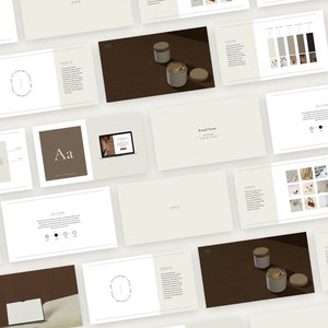 Pode incluir: Um guia de marca com um esquema de cores marrom e branco. O guia inclui um logotipo, tipografia, paleta de cores e exemplos de fotografia. O nome da marca &eacute; "The Primary Gold".