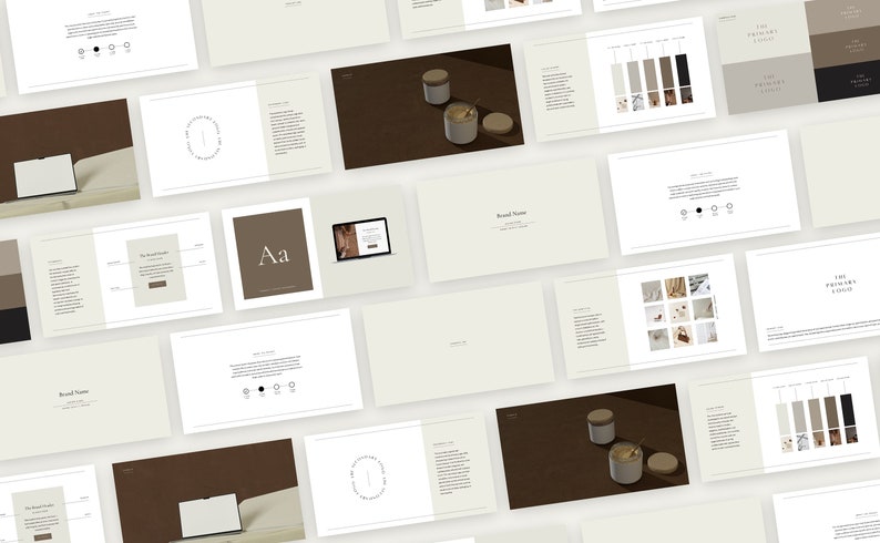 Pode incluir: Um guia de marca com um esquema de cores marrom e branco. O guia inclui um logotipo, tipografia, paleta de cores e exemplos de fotografia. O nome da marca &eacute; "The Primary Gold".