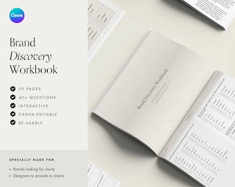 Apostila de descoberta de marca | 29 páginas | Mais de 40 perguntas | Modelo Canva | Estratégia de Marca | Modelo de questionário de marca minimalista elevado