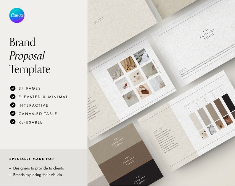 Pode incluir: Um modelo de proposta de marca com 34 p&aacute;ginas, apresentando um design minimalista e uma paleta de cores neutras. O modelo &eacute; interativo, edit&aacute;vel no Canva e reutiliz&aacute;vel. Foi projetado para designers fornecerem aos clientes e para marcas explorarem seus visuais.
