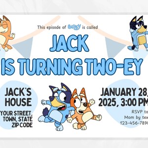 Bluey Cartoon Twoey verjaardagsuitnodiging sjabloon aangepaste digitale download