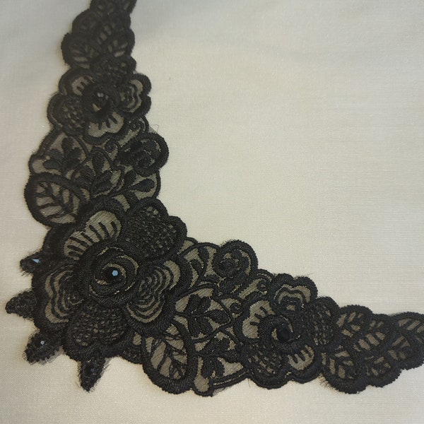 Black Lace Applique Motif - V Shape with Swarovski beads