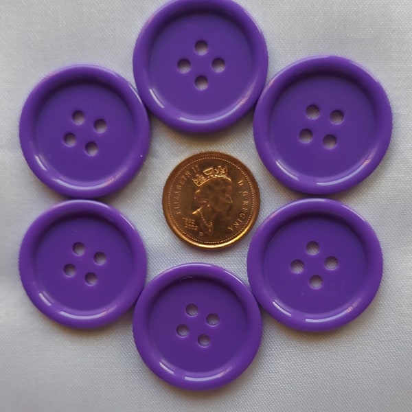 Purple Buttons, Flat, 25mm, 4-hole, sew-through, rimmed, set of 6 buttons