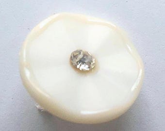 White Buttons - flower shaped, rhinestone centres, shanks, Vintage