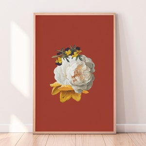 impressão digital de flor vintage | pintura botânica vermelha | decoração de jardim | arte floral na parede