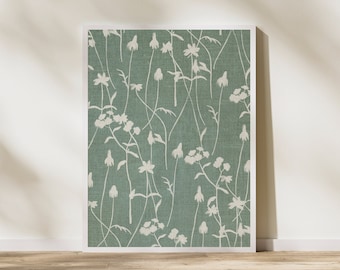 Grönt rustikt blommigt textiltryck | botanisk mönsterkonst | antikt digitaltryck