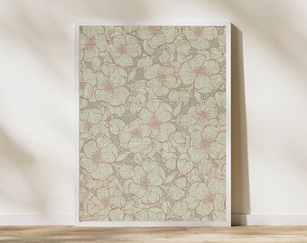 Textil blommig konsttryck | salviagrönt blommönster | vintage botanisk konst