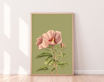 zielony vintage botaniczny wydruk | różowy obraz kwiatowy | wydruk sztuki ogrodowej