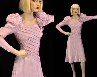 Vintage Judy Hornby, 70s party dress, lilac dress, disco dress, lavender dress, 80s party dress, balloon sleeve dress, drop waist dress