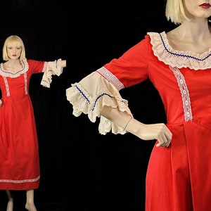 Vintage costume, red maxi dress, eyelet lace trim, milkmaid dress, renaissance dress, rococo dress, fantasy dress