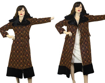 Vintage Tapestry Wool Coat: Black Faux Fur Trim, 1960s Princess Style