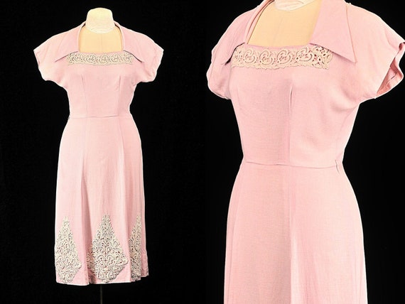 1940s day dress, lace midi dress, pencil dress, B… - image 1