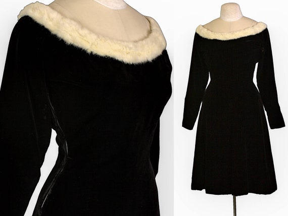 Ceil chapman, 1940s dress, velvet dress, fur coll… - image 1