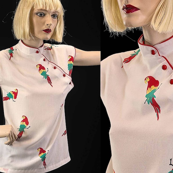 Vintage,  Parrot print,  qipao top, cheongsam top, qipao, cheongsam, 1970s blouse, high collar blouse