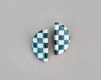 Checkered Earrings | Half moon Earring | Green Earrings | Checkerboard Earring | Statement Jewelry | Resin Polymer Clay Earrings