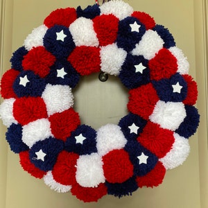 Patriotic Memorial  wreath, 4th of July wreath decor, Patriotic Pom Pom wreath