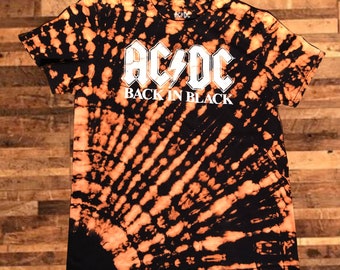 Custom Hand Made AC/DC ACDC Band - Back In Black - Short Sleeve Tie-Dye T-Shirt - Size L - Officially Licensed