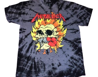 NEW Custom Metallica Flaming Skull Gray Black Spiral Tie-Dye T-Shirt 100% Cotton (Super Soft) - Unisex Size S/M - Officially Licensed