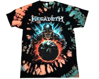 Anpassad Megadeth Burning Globe omvänd tie-dye t-shirt – Penselapplicerad hantverksfärg – Unisexstorlekar för vuxna – Officiellt licensierad