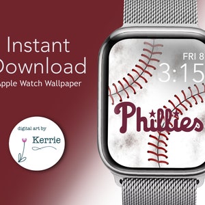 May include: A digital Apple Watch face with a baseball theme. The face is white with red stitching and the word "Phillies" in red with two stars. The time is 3:15 and the date is FRI 8.