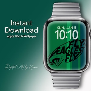 Op de afbeelding: Een groen en zwart Apple Watch-scherm met de tekst "FLY EAGLES FLY" en de datum en tijd "SUN, JAN 5 10:10".