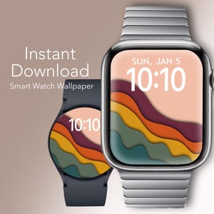 Puede incluir: Dos relojes inteligentes con un fondo de pantalla abstracto de colores. El reloj de la izquierda tiene una banda negra y el reloj de la derecha tiene una banda de metal plateado. La hora se muestra como 10:10 en ambos relojes. El reloj de la derecha también muestra la fecha como SUN, JAN 5.