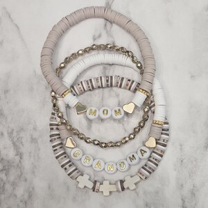 Personalized Stackable Beaded Bracelet Set: Mama Grandma Name Crosses Nana Granmy