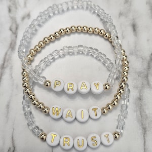 Pulseras apilables con cuentas de oración y fe, pulsera con palabra personalizada, joyería religiosa, pulsera cristiana de oración, espera y confianza, juego de pulseras apilables de oro, joyería de oración