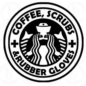 Könnte beinhalten: Schwarz-weißes Sticker-Design mit einem stilisierten Kaffeetassen-Logo und dem Text "Coffee, Scrubs & Rubber Gloves" außen herum.