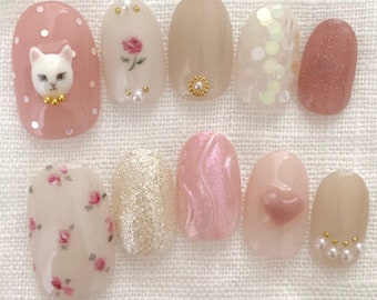 Cute Pink Cat Rose Press On Nails | Kawaii Japanese Nails | Hand Painted Nails