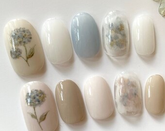 Hydrangea Press On Nails | Cute Japanese Nails | Handmade Nails | Hand Painted Nails