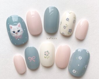 Sweet Cat Press On Nails | Cute Japanese Nails | Kawaii nails | Animal nails | Flower nails | Pastel blue nails