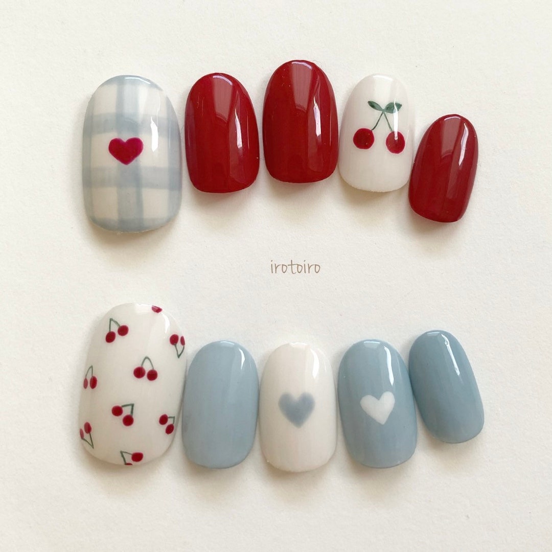 Cute Cherry Nails Kawaii Japanese Nails Hand Painted Nails Etsy