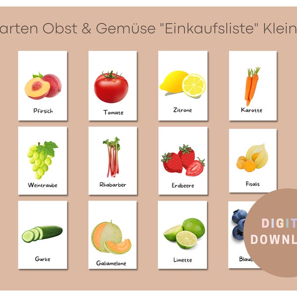 Karten Einkaufen Kleinkind | Montessori Lernkarten | 52 Obst Gemüse Lernkarten | Sprachlernkarten | Einkaufsliste Kinder | Digital Download